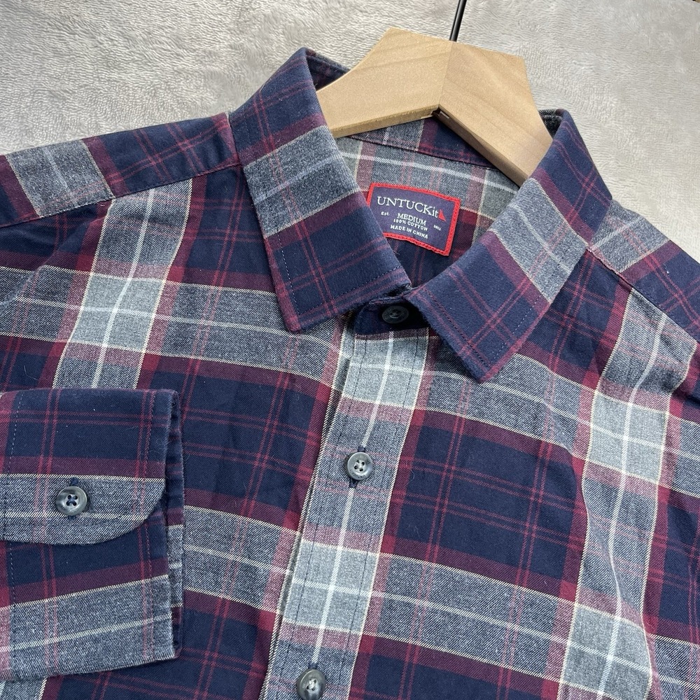 UNTUCKit Mens Medium Shirt Alentejo Blue Gray Burgundy Plaid Long Sleeve